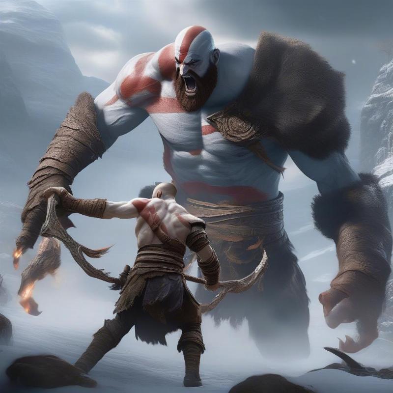 God of War Kratos và Atreus chiến đấu với quái vật khổng lồ